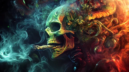 Smoking skull with floral growth in vivid swirling smoke.