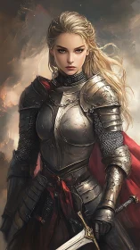 Fearless blonde knight standing strong in burnished armor.