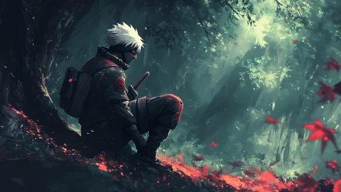 Solitary masked shinobi resting with katana in diffuse forest light