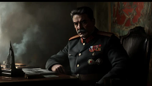 Brooding military commander in smoke veiled war room portrait.