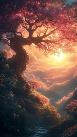 Twisting hilltop tree above glowing clouds at sunset.