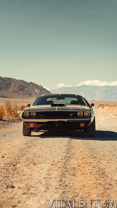 Photorealistic front-view muscle car on desert gravel road.