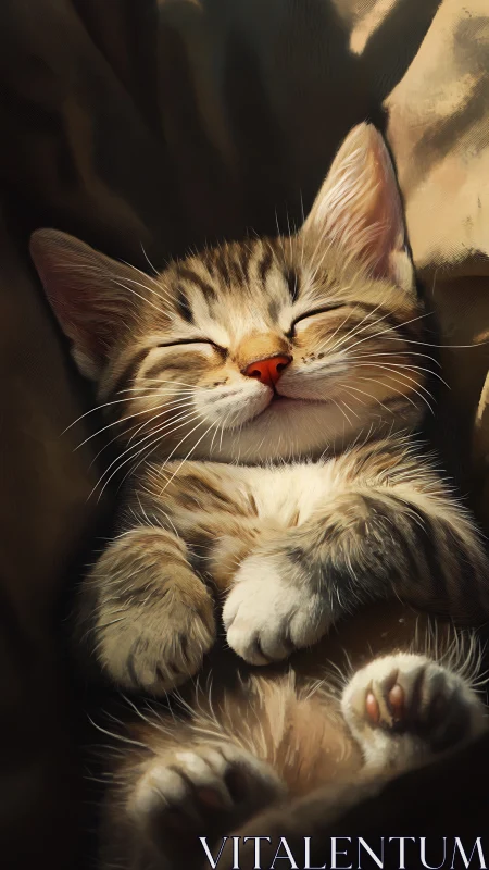 Tabby Cat Portrait with Closed Eyes in Warm Chiaroscuro.