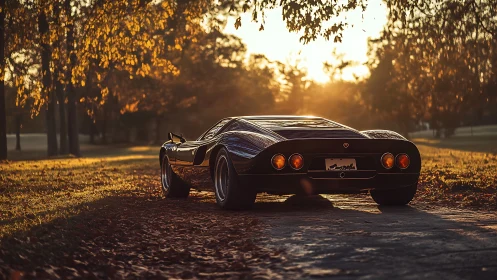 Photorealistic rear profile of classic supercar at sunset.