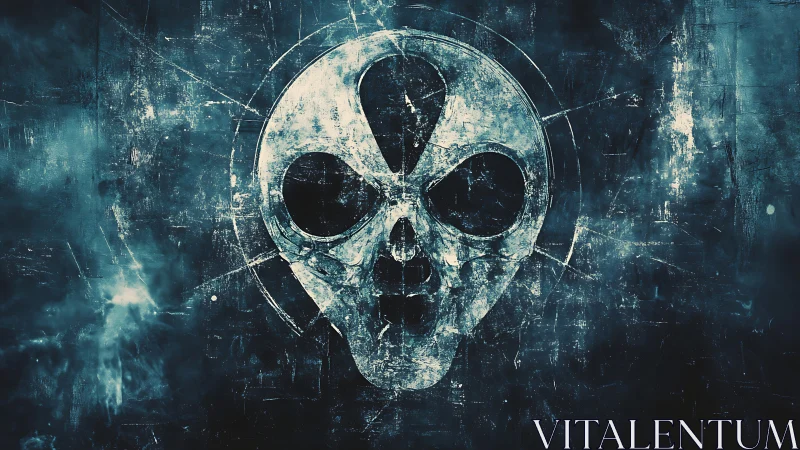 Weathered sci-fi skull emblem glows through fractured teal haze
