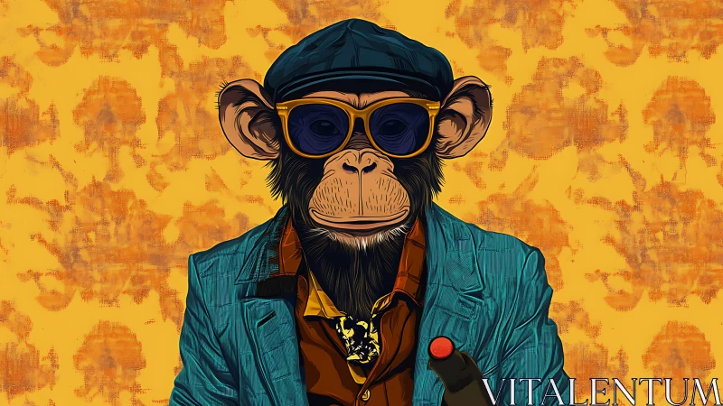 Stylish chimp portrait in teal jacket and sunglasses.