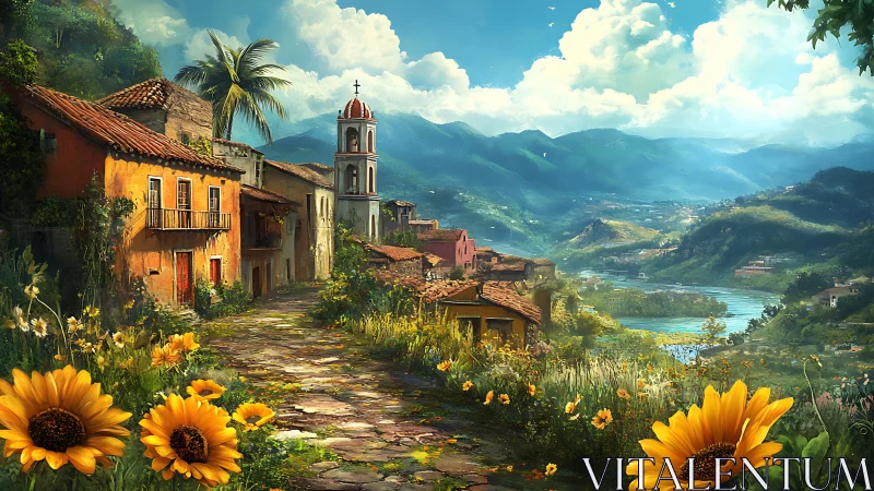 Sunlit hillside village path with distant river valley.