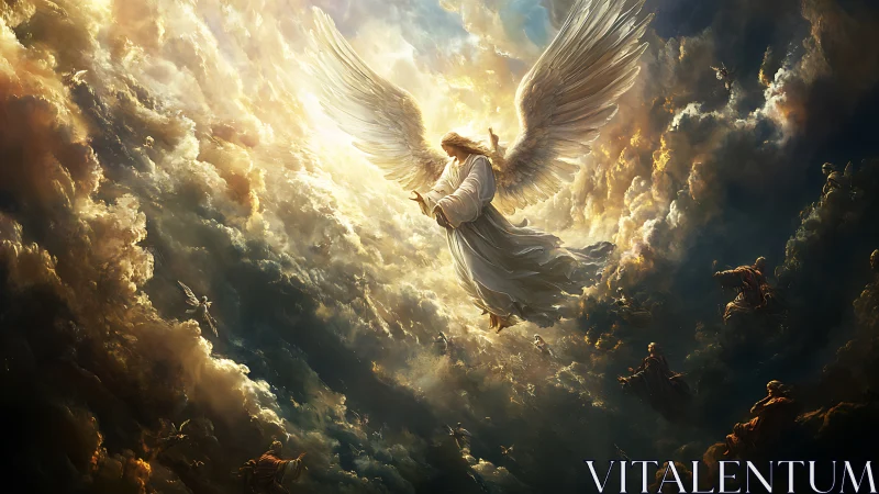 Radiant archangel ascends through turbulent luminous storm clouds