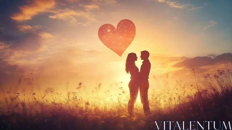 Couple silhouette embracing beneath luminous heart. Sunset field romance.
