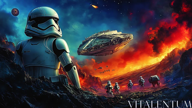 Stormtroopers on a blazing alien battlefield in space.