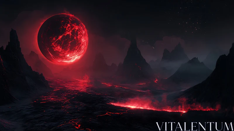 Lava floodplain under eruptive red supermoon in alien night.