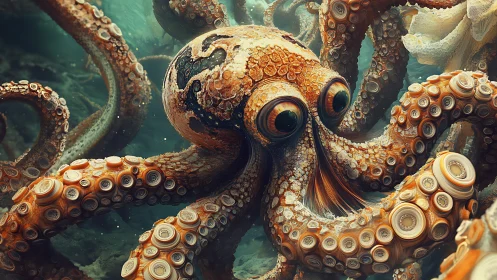 Highly detailed digital octopus with textured tentacles.
