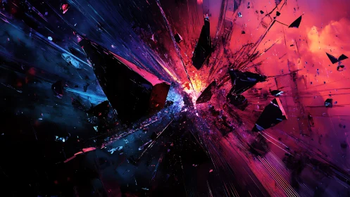 Shattered neon crystal explodes in a cosmic twilight void