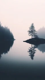 Solitary pine reflects over misty lake at dawn