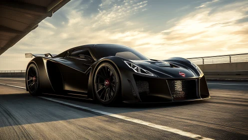 Black hypercar sits on sunlit race track under open sky