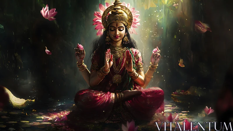 Divine lotus goddess in radiant forest sanctuary light.