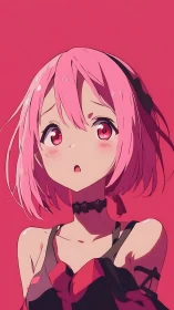 Pink-haired anime girl gazes upward in soft red light