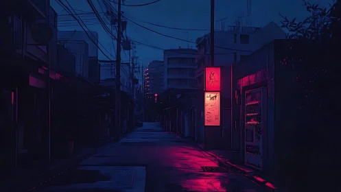 Neon alleyway nightscape with vending machine glow.