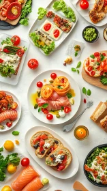 Colorful Mediterranean brunch spread with salmon and tapas.