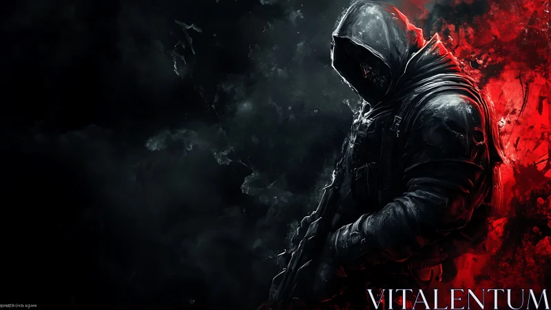 Hooded futuristic soldier emerges from swirling crimson void.