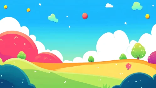 Minimalist cartoon landscape with rolling hills and trees.