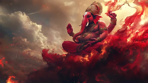 Divine red Ganesha figure levitating amid turbulent fire clouds