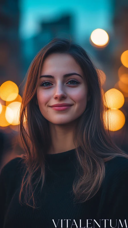 Shallow‑depth bokeh portrait with urban dusk luminance mapping.