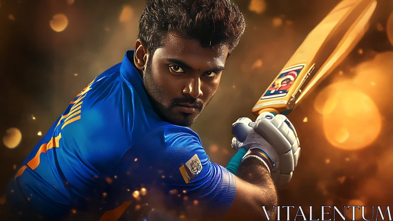 Fiery cricket striker poised in glowing stadium aura.