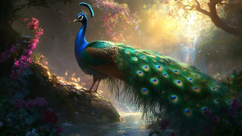 Majestic peacock glows in enchanted sunlit forest grove.