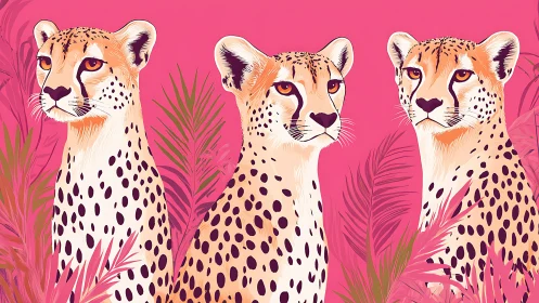 Three Cheetahs Portrait with Distinctive Facial Markings Against Vivid Magenta Background
