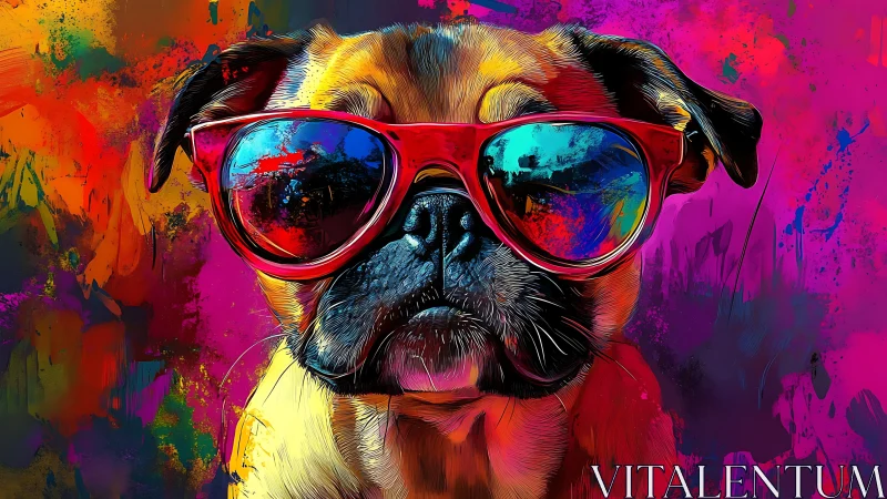 Cool pug in neon sunglasses against explosive colors.