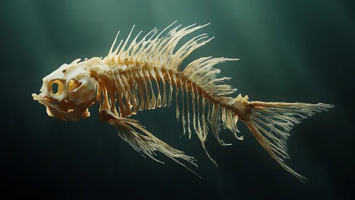 Detailed fish skeleton suspended in dark green water.