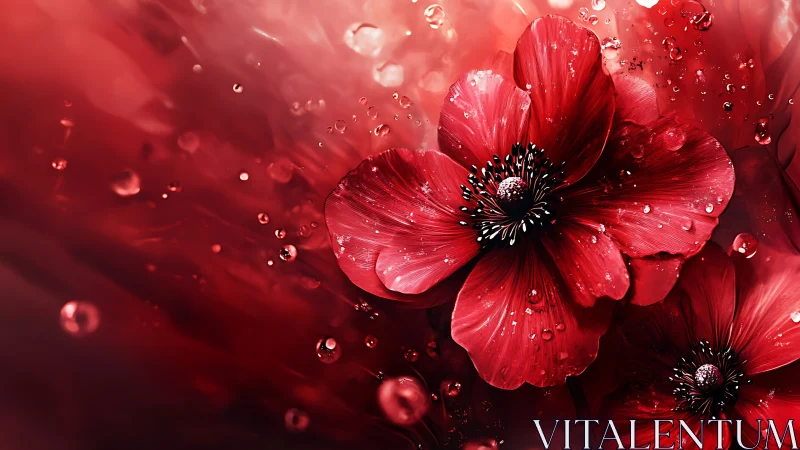 Vivid Red Flowers Suspended in Crystalline Droplet Array.