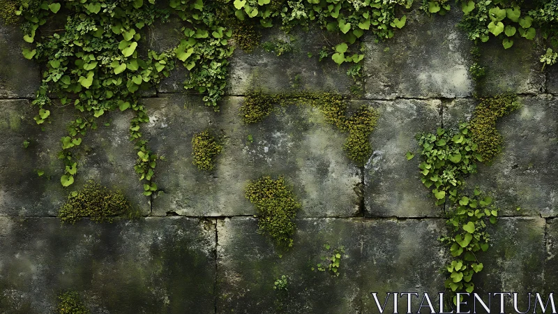 Weathered masonry wall with climbing ivy and moss colonies