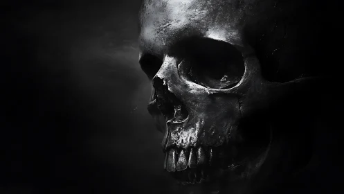 Weathered human skull emerges from darkness with hard light