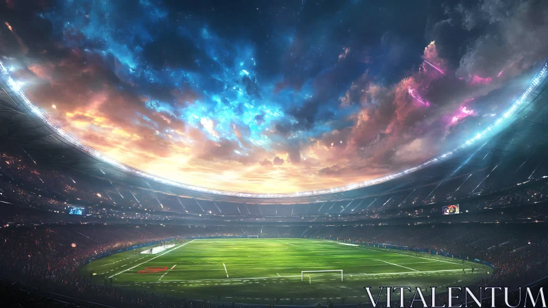 Vast football stadium under dramatic multicolored evening sky