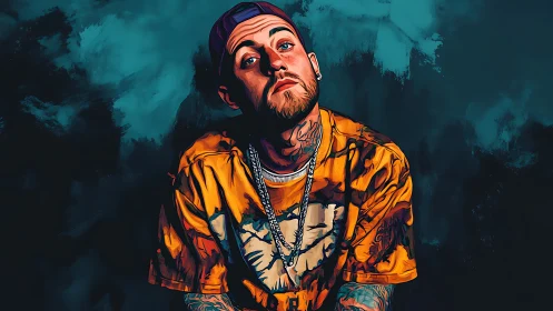 Vector stylized portrait of tattooed man in orange streetwear.