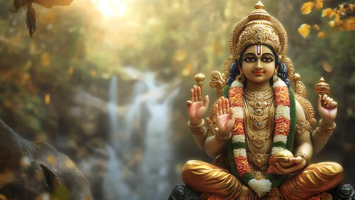 Radiant deity statue resting peacefully by forest waterfall.