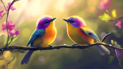 Two Colorful Birds on Branch in Dreamy Digital Painting Style.