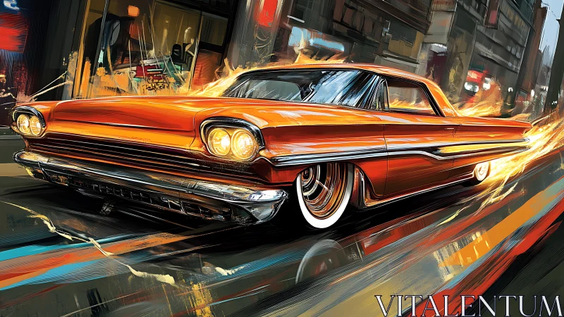Flaming chrome lowrider streaks through neon city night.