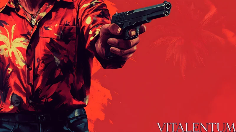 Crimson tropics freeze as a floral shirt levels cold steel