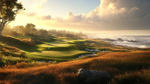 Sunlit coastal golf course curves along rugged ocean edge