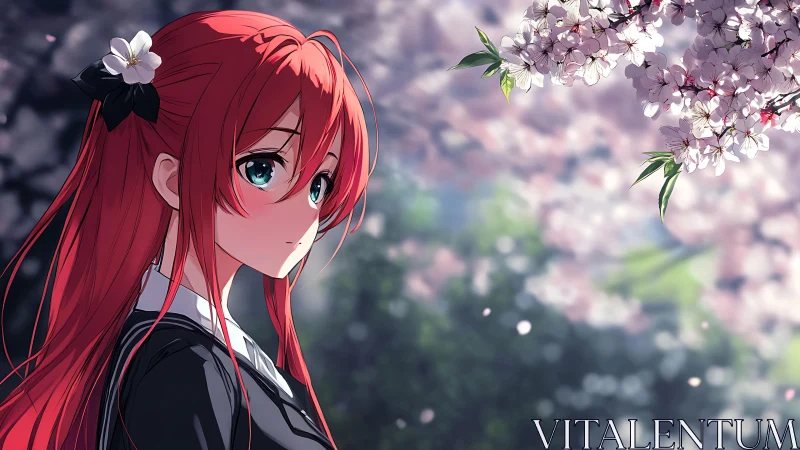 Red haired anime girl under detailed cherry blossoms in soft bokeh