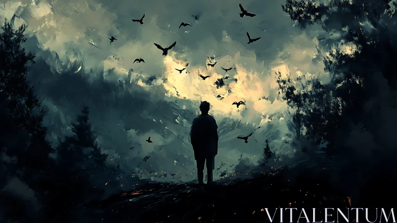 Silhouette under storm sky with circling black birds at dusk.
