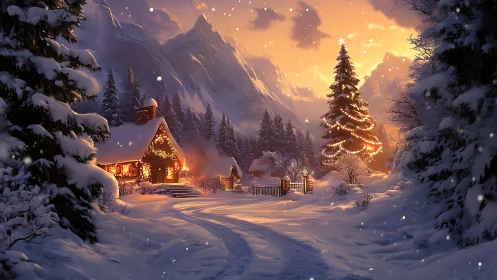 Snow-covered mountain cabin and lit evergreen at sunset.