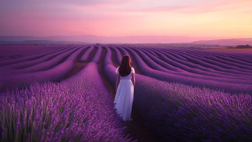Woman in white wandering through glowing sunset lavender rows.