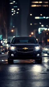 Midnight city SUV gliding through glowing wet streets.