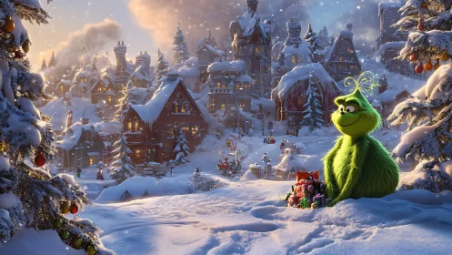Green furred creature guards colorful gifts in snowy village