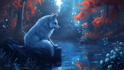 Luminescent arctic fox at bioluminescent forest pool twilight.
