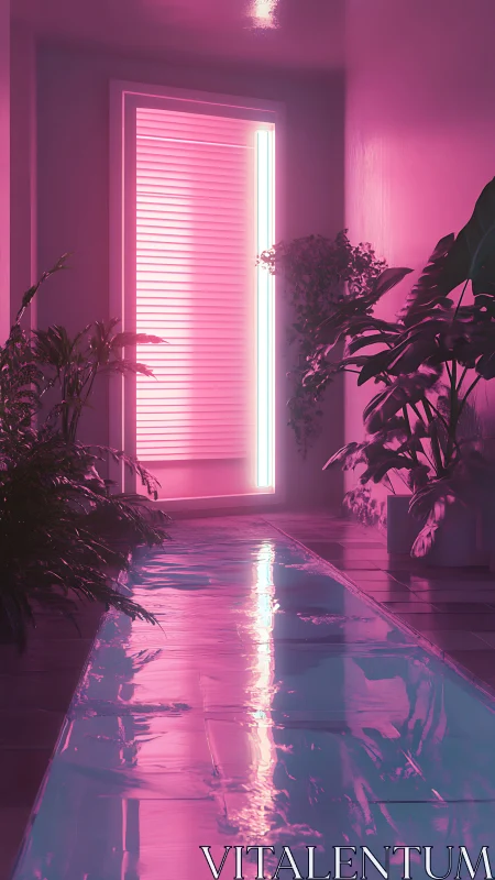 Neon corridor pool reflects pink light and lush plants.